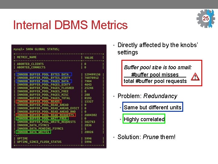 Internal DBMS Metrics • Directly affected by the knobs’ settings Buffer pool size is