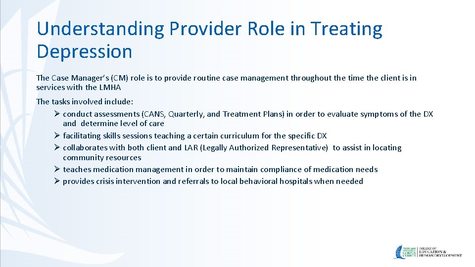 Understanding Provider Role in Treating Depression The Case Manager’s (CM) role is to provide