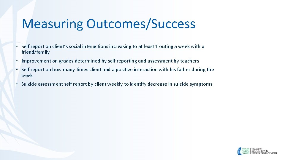 Measuring Outcomes/Success • Self report on client’s social interactions increasing to at least 1