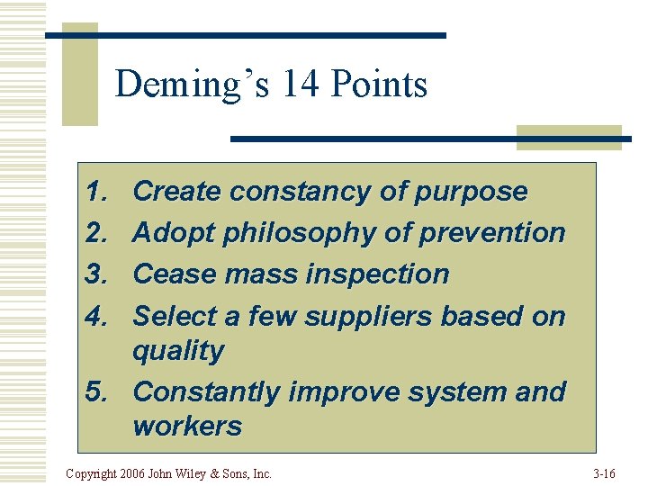 Deming’s 14 Points 1. 2. 3. 4. Create constancy of purpose Adopt philosophy of