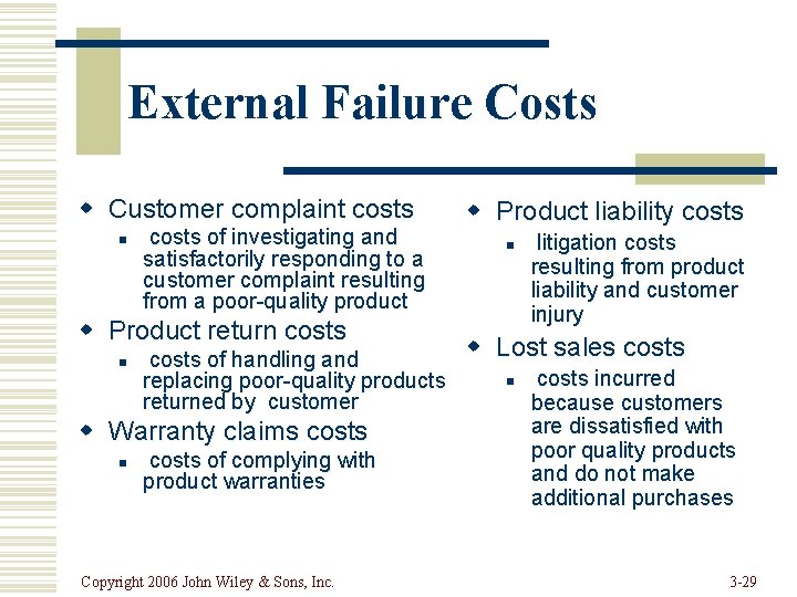 External Failure Costs w Customer complaint costs n costs of investigating and satisfactorily responding