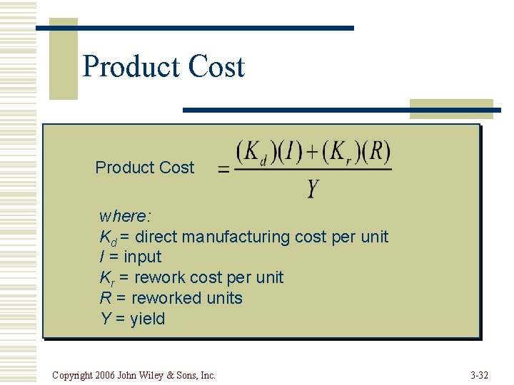 Product Cost where: Kd = direct manufacturing cost per unit I = input Kr