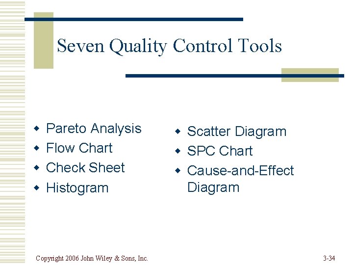 Seven Quality Control Tools w w Pareto Analysis Flow Chart Check Sheet Histogram Copyright