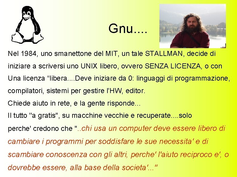 Gnu. . Nel 1984, uno smanettone del MIT, un tale STALLMAN, decide di iniziare