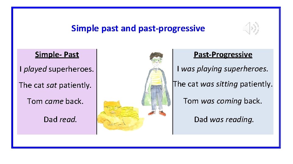 Simple past and past-progressive Simple- Past-Progressive I played superheroes. I was playing superheroes. The