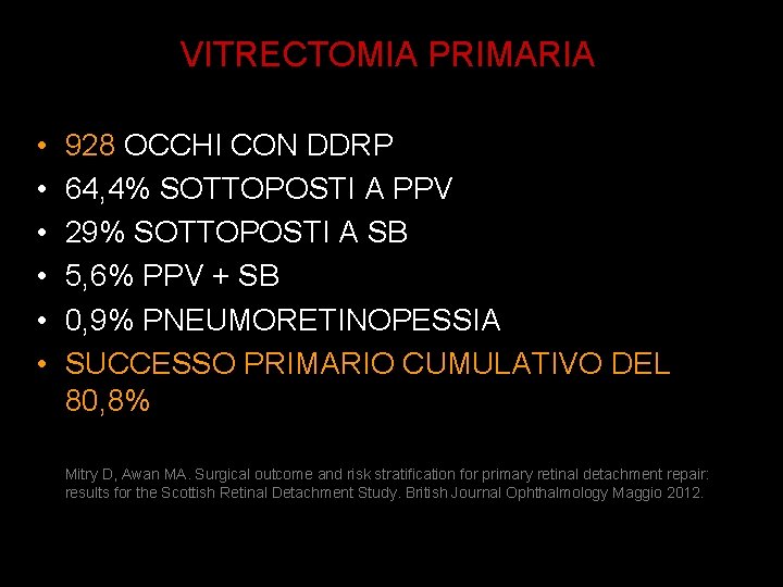VITRECTOMIA PRIMARIA • • • 928 OCCHI CON DDRP 64, 4% SOTTOPOSTI A PPV