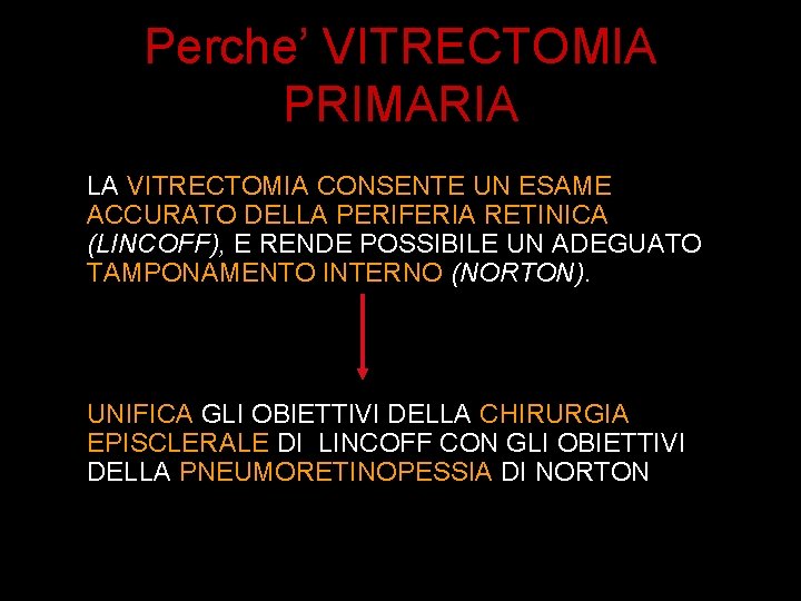 Perche’ VITRECTOMIA PRIMARIA LA VITRECTOMIA CONSENTE UN ESAME ACCURATO DELLA PERIFERIA RETINICA (LINCOFF), E