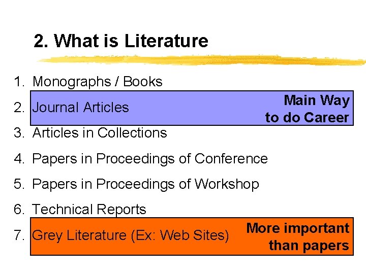2. What is Literature 1. Monographs / Books Main Way to do Career 2.
