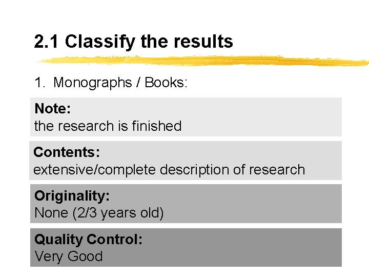 2. 1 Classify the results 1. Monographs / Books: Note: the research is finished