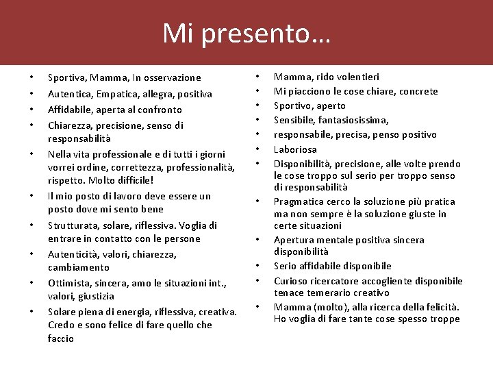 Mi presento… • • • Sportiva, Mamma, In osservazione Autentica, Empatica, allegra, positiva Affidabile,