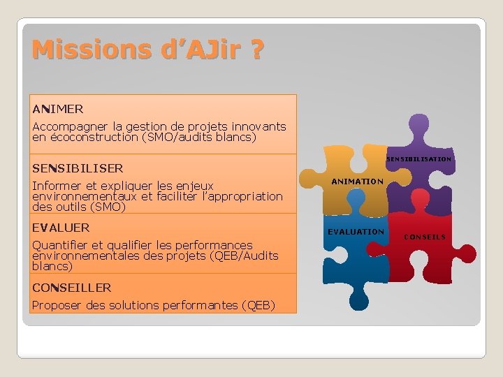 Missions d’AJir ? ANIMER Accompagner la gestion de projets innovants en écoconstruction (SMO/audits blancs)