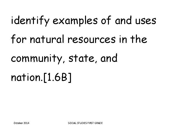 identify examples of and uses for natural resources in the community, state, and nation.