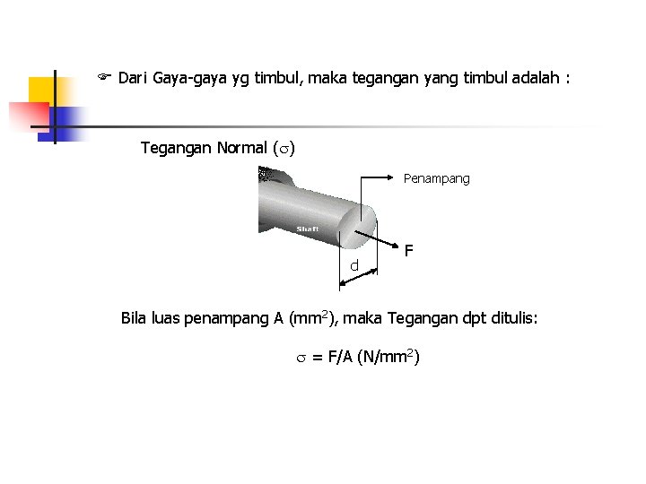  Dari Gaya-gaya yg timbul, maka tegangan yang timbul adalah : Tegangan Normal (