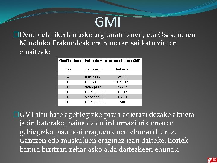 GMI �Dena dela, ikerlan asko argitaratu ziren, eta Osasunaren Munduko Erakundeak era honetan sailkatu