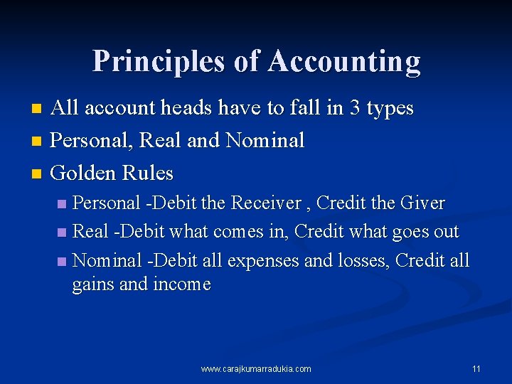 Principles of Accounting All account heads have to fall in 3 types n Personal,