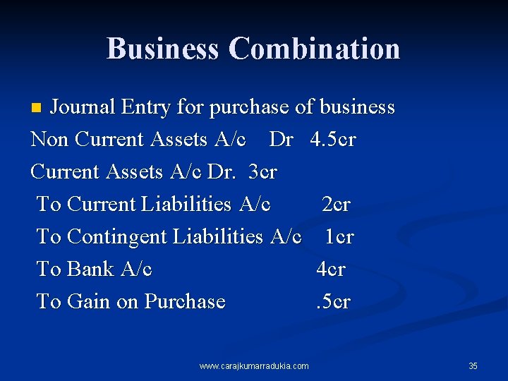 Business Combination Journal Entry for purchase of business Non Current Assets A/c Dr 4.