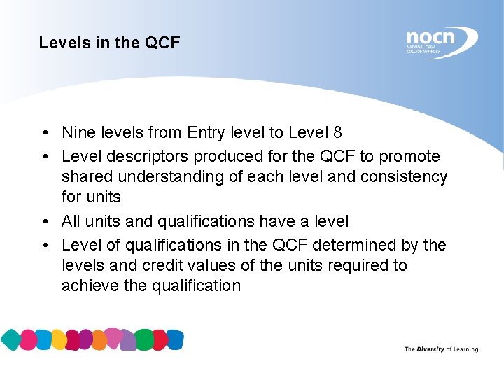 Levels in the QCF • Nine levels from Entry level to Level 8 •