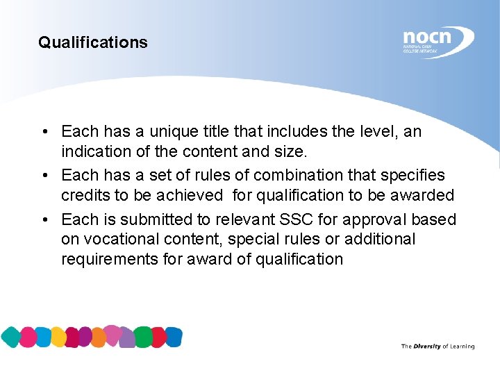 Qualifications • Each has a unique title that includes the level, an indication of
