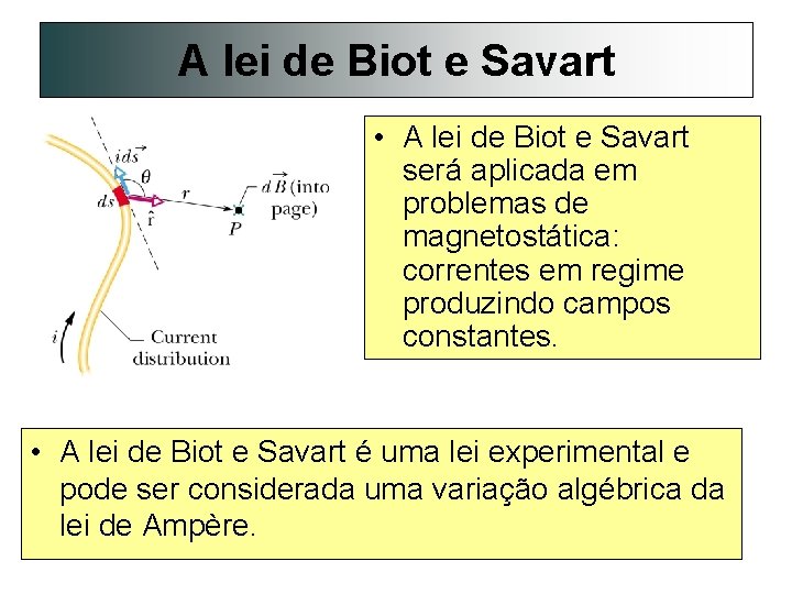 A lei de Biot e Savart • A lei de Biot e Savart será