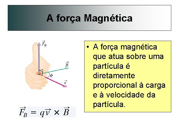 A força Magnética • A força magnética que atua sobre uma partícula é diretamente