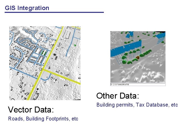 GIS Integration Other Data: Vector Data: Roads, Building Footprints, etc Building permits, Tax Database,