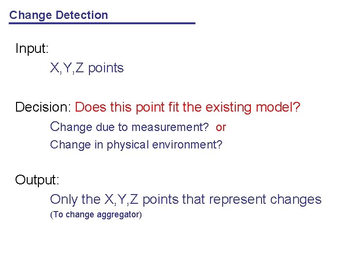 Change Detection Input: X, Y, Z points Decision: Does this point fit the existing
