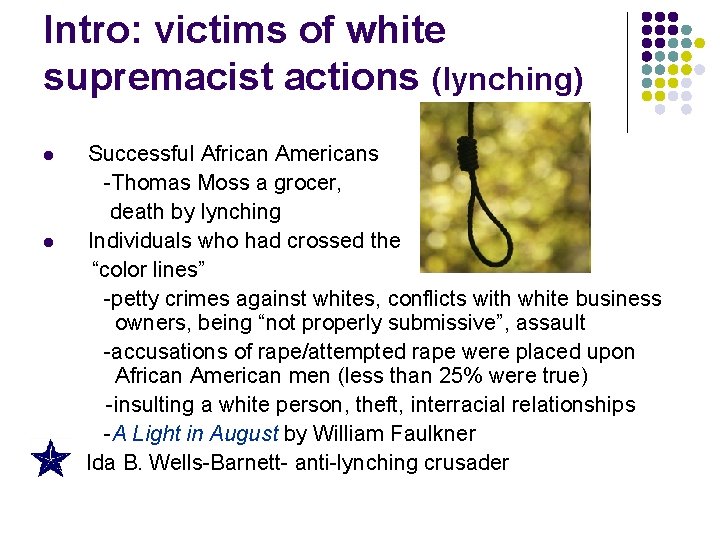 Intro: victims of white supremacist actions (lynching) l l Successful African Americans -Thomas Moss