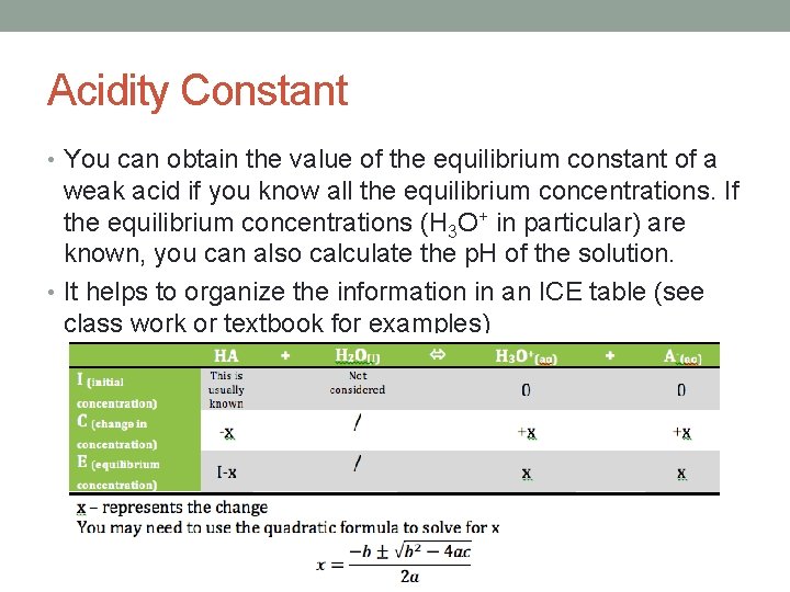 Acidity Constant • You can obtain the value of the equilibrium constant of a