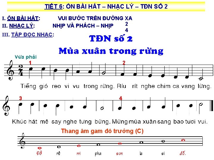 TIẾT 6: ÔN BÀI HÁT – NHẠC LÝ – TĐN SỐ 2 I. ÔN