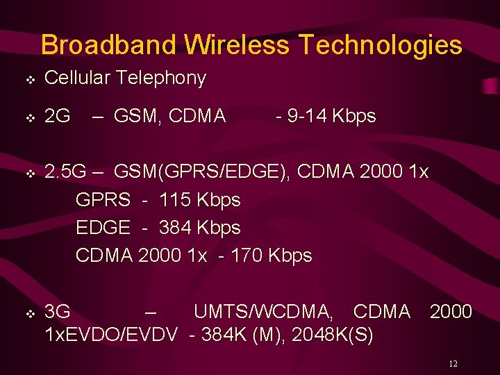 Broadband Wireless Technologies v Cellular Telephony v 2 G v v – GSM, CDMA