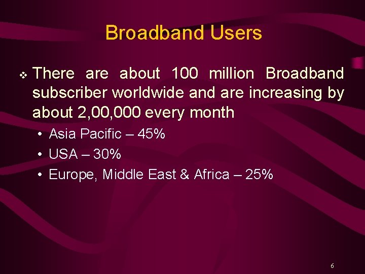 Broadband Users v There about 100 million Broadband subscriber worldwide and are increasing by