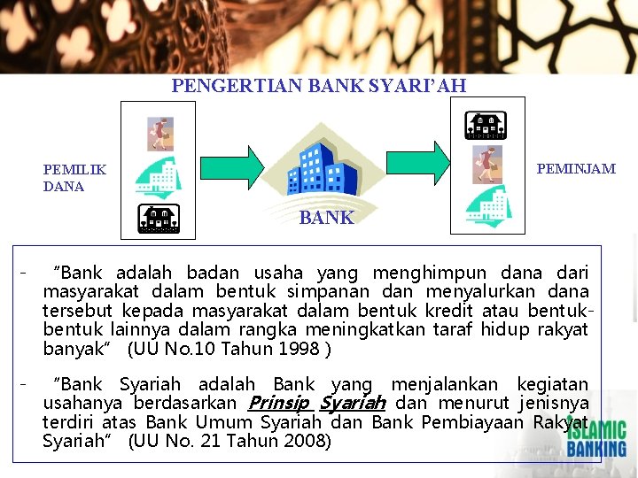 PENGERTIAN BANK SYARI’AH PEMINJAM PEMILIK DANA BANK - “Bank adalah badan usaha yang menghimpun