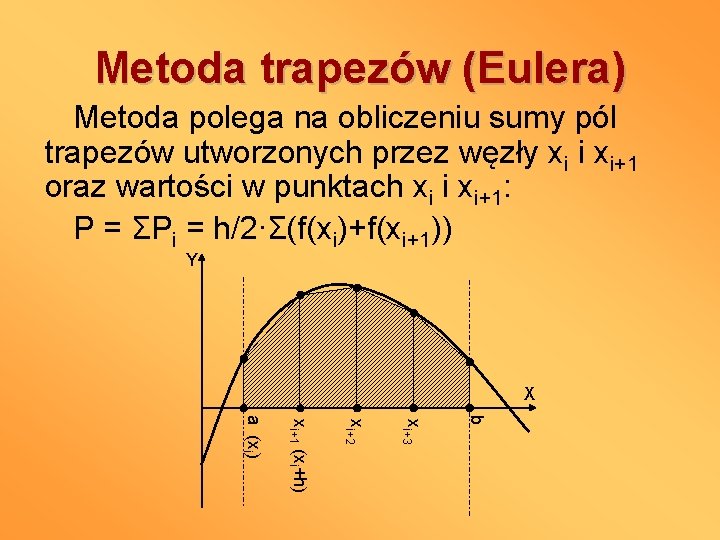 Metoda trapezów (Eulera) Metoda polega na obliczeniu sumy pól trapezów utworzonych przez węzły xi