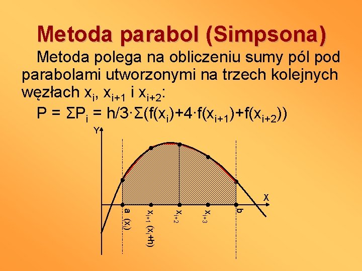Metoda parabol (Simpsona) Metoda polega na obliczeniu sumy pól pod parabolami utworzonymi na trzech
