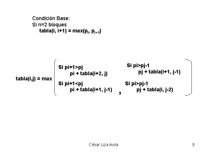 Condición Base: Si n=2 bloques tabla(i, i+1) = max(pi, pi+1) tabla(i, j) = max