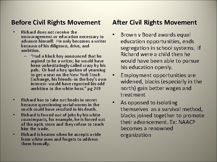 Before Civil Rights Movement • Richard does not receive the encouragement or education necessary