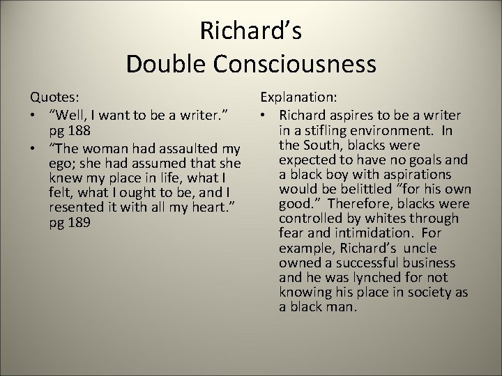 Richard’s Double Consciousness Quotes: • “Well, I want to be a writer. ” pg