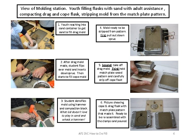View of Molding station. Youth filling flasks with sand with adult assistance , compacting
