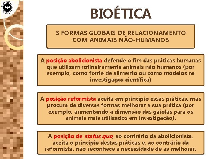 BIOÉTICA 3 FORMAS GLOBAIS DE RELACIONAMENTO COM ANIMAIS NÃO-HUMANOS A posição abolicionista defende o