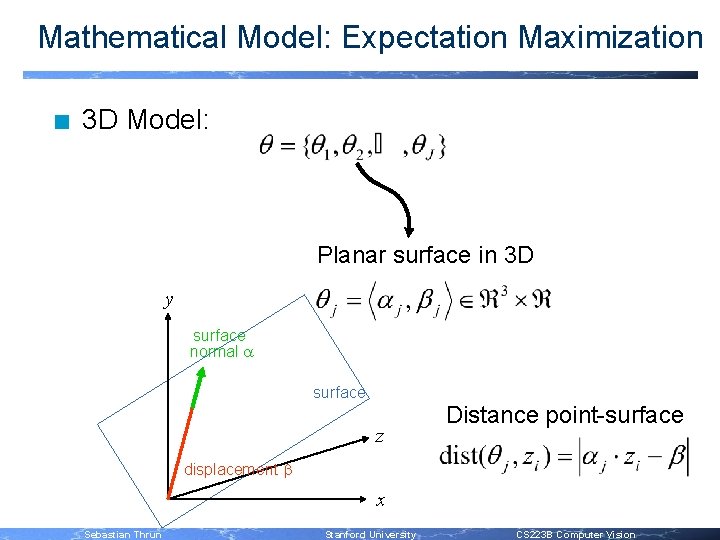 Mathematical Model: Expectation Maximization n 3 D Model: Planar surface in 3 D y