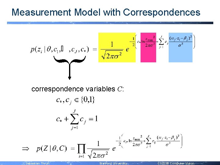 Measurement Model with Correspondences } correspondence variables C: Sebastian Thrun Stanford University CS 223