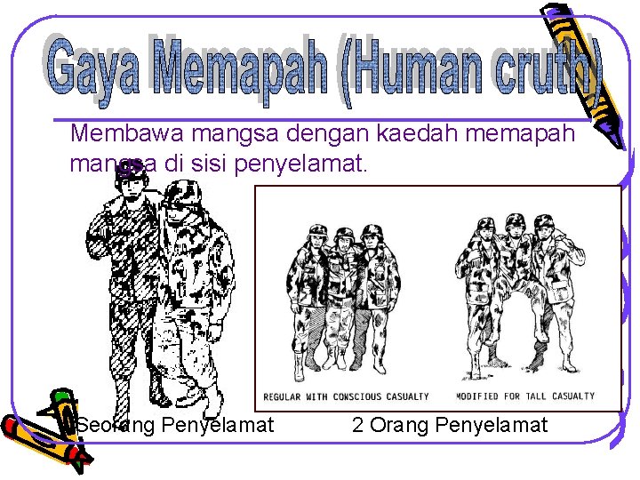 Membawa mangsa dengan kaedah memapah mangsa di sisi penyelamat. Seorang Penyelamat 2 Orang Penyelamat