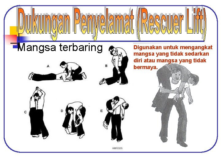Mangsa terbaring Digunakan untuk mengangkat mangsa yang tidak sedarkan diri atau mangsa yang tidak