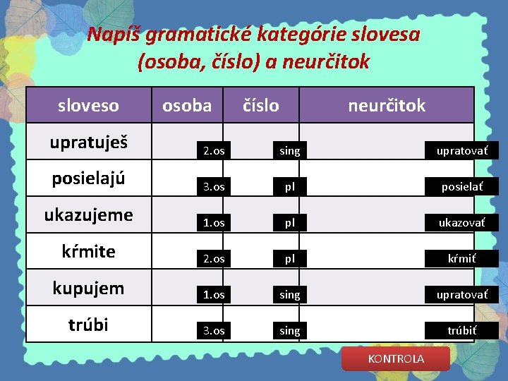 Napíš gramatické kategórie slovesa (osoba, číslo) a neurčitok sloveso osoba číslo neurčitok upratuješ 2.