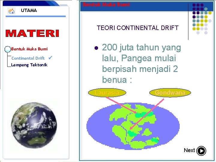 UTAMA Bentuk Muka Bumi TEORI CONTINENTAL DRIFT Bentuk Muka Bumi Continental Drift Lempeng Tektonik