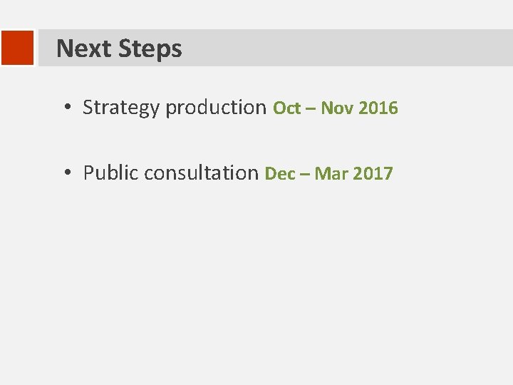 Next Steps • Strategy production Oct – Nov 2016 • Public consultation Dec –