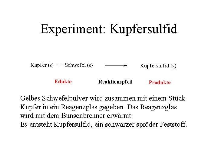 Experiment: Kupfersulfid Gelbes Schwefelpulver wird zusammen mit einem Stück Kupfer in ein Reagenzglas gegeben.