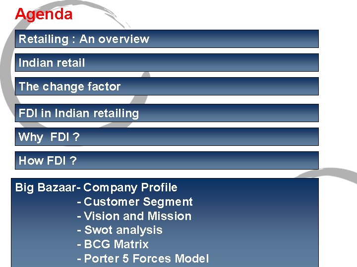 Agenda Retailing : An overview Indian retail The change factor FDI in Indian retailing