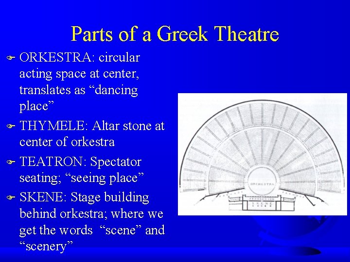 Parts of a Greek Theatre ORKESTRA: circular acting space at center, translates as “dancing