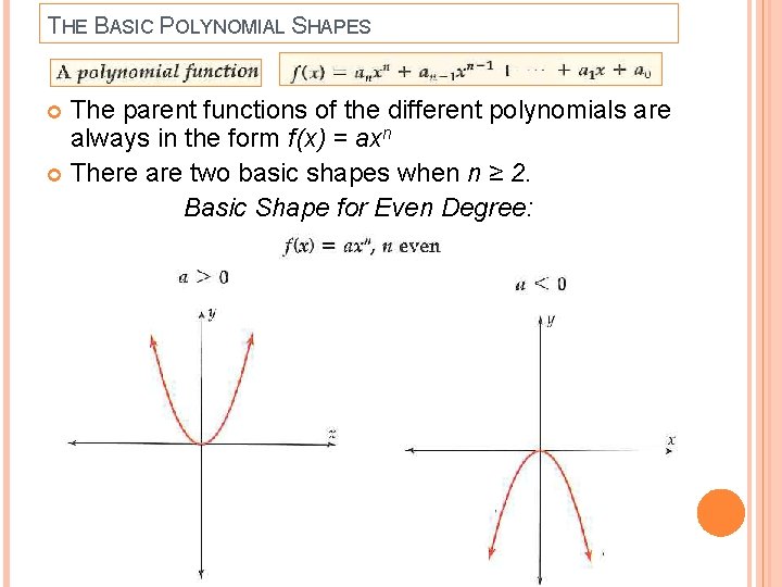 THE BASIC POLYNOMIAL SHAPES The parent functions of the different polynomials are always in THE BASIC POLYNOMIAL SHAPES The parent functions of the different polynomials are always in